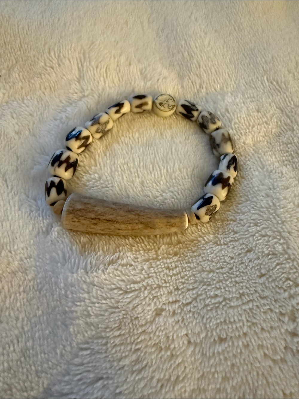 Handmade Beige & Black Bead Bracelet with Natural Bone Accent